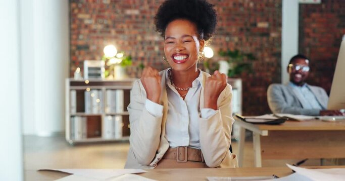 Paperwork throw, celebration and businesswoman worker in a office with happiness from promotion. Black woman, yes and success achievement of a person reaching a work goal and target with a smile