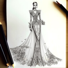 Fototapeta na wymiar A fashion designer brings style to life in amazing hand-drawn dress sketches, capturing unique patterns and elegant concepts with the stroke of a pen. Generative AI