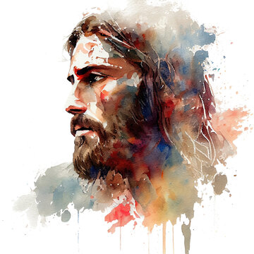 Watercolor drawing Jesus Christ. Dark and red colors. Friend and Savior. Colorful splash with dots, lines and textures isolated transparent png. Generative ai