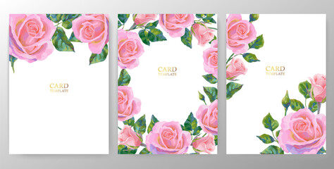 Vintage vector card or wedding invitation with acrylic or oil pink roses and golden elements on white background.
