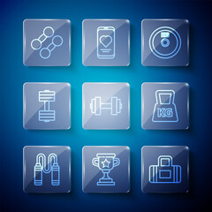 Set line Jump rope, Award cup, Sport bag, Weight plate, Dumbbell, and icon. Vector