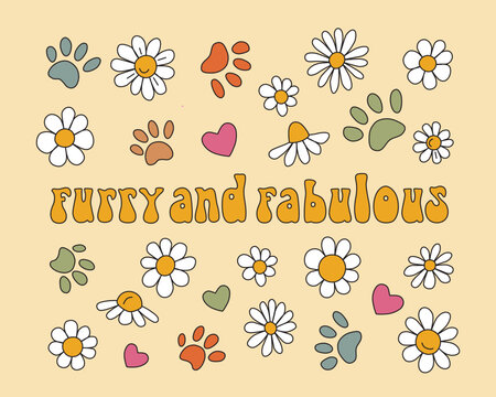 Lettering dog furry and fabulous. Vector groovy illustration