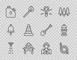 Set line Fire sprinkler, hose reel, Electricity spark, Firefighter helmet, Canister fuel, Traffic cone, and hydrant icon. Vector