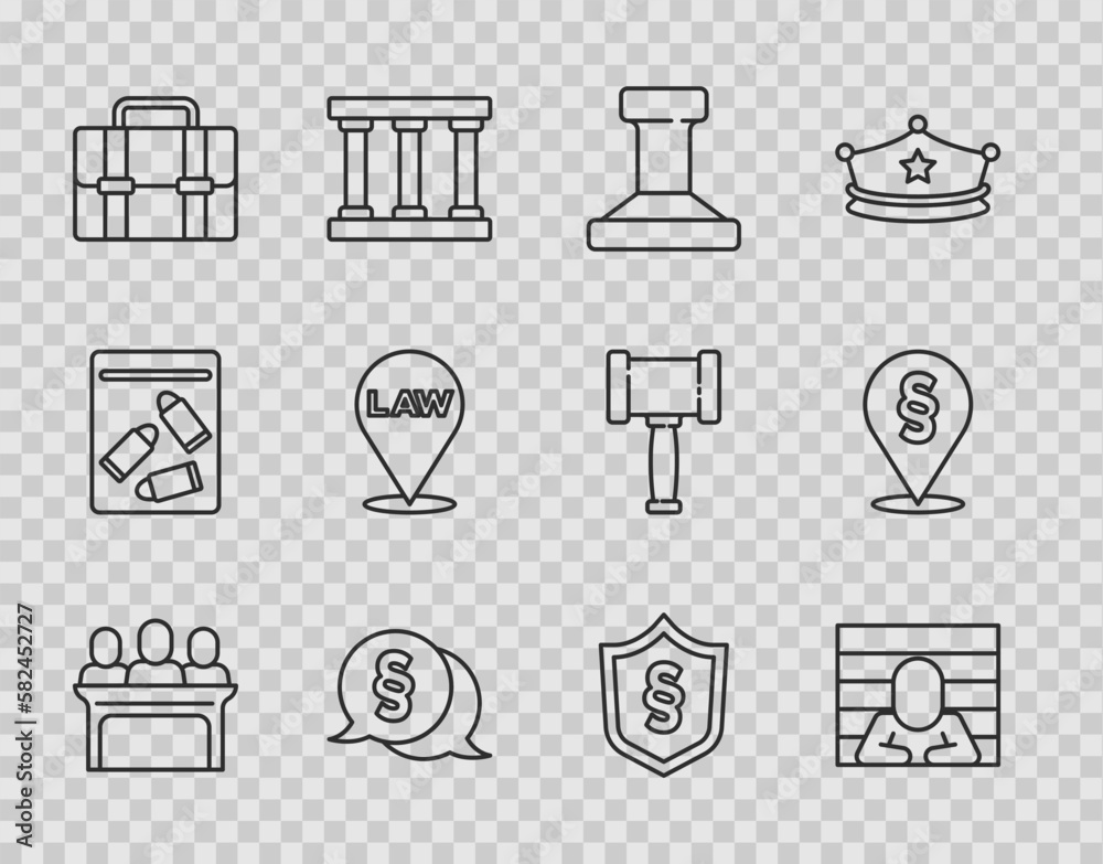 Wall mural set line jurors, prisoner, stamp, law, briefcase, location law, justice in shield and icon. vector