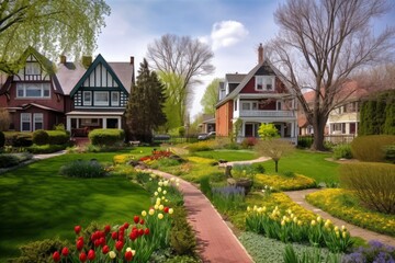 Fototapeta na wymiar Nachbarschaft mit Wohnhäusern in Dorf, Kleinstadt oder Vorstadt im Frühling mit viel Grün, Blumen und Bäumen - KI generiert 