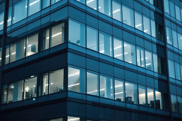 Fototapeta na wymiar Blue Toned Office Building Windows with Artificial Lamplight. Generative Ai
