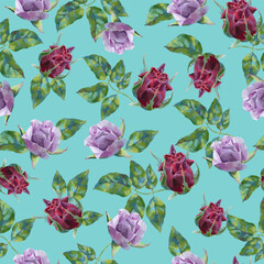 Floral pattern with violet roses on blue background. Vector seamless pattern with oil or acrylic painting roses