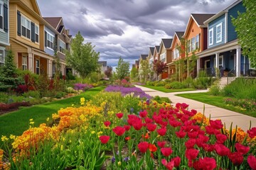 Fototapeta na wymiar Nachbarschaft mit Wohnhäusern in Dorf, Kleinstadt oder Vorstadt im Frühling mit viel Grün, Blumen und Bäumen - KI generiert 