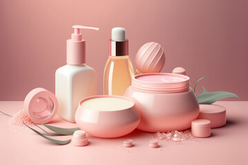 Obraz na płótnie Canvas Skin care products on pink background. Beauty products, spa. Ai generated