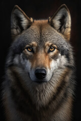 Naklejka na ściany i meble Wolf portrait on dark background. AI Generative