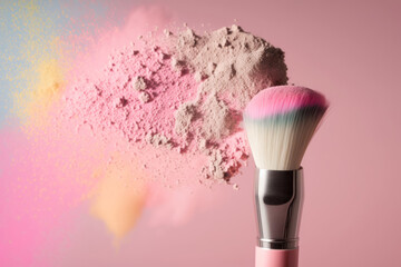 Makeup brush with powder foundation on pastel pink background. Ai generated