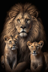 Lions farher and two cubs portrait on dark background. AI Generative