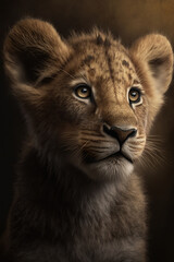Fototapeta na wymiar Lion cub portrait on dark background. AI Generative