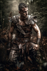 Fototapeta na wymiar Portrait of an ancient male warrior with leather armor stained with mud and blood in forest. Fantasy wallpaper, cover design and poster created with Generative AI