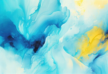 Fototapeta na wymiar Blue Yellow Abstract Watercolor Background, Marble Texture, Generative AI