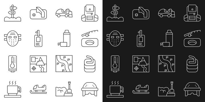 Set line Hockey helmet, Stone for curling, Winter fishing, Ice resurfacer, Identification badge, mask, Road traffic signpost and Thermos container icon. Vector