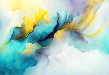 Blue Yellow Abstract Watercolor Background, Marble Texture, Generative AI