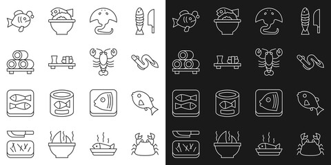 Set line Crab, Tropical fish, Eel, Stingray, Sushi on cutting board, and Lobster icon. Vector