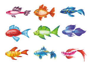 Colored cute sea fish.  cartoon set of freshwater
  aquarium characters isolated on white background. Varieties of decorative underwater  popular colored fish for print, children development
