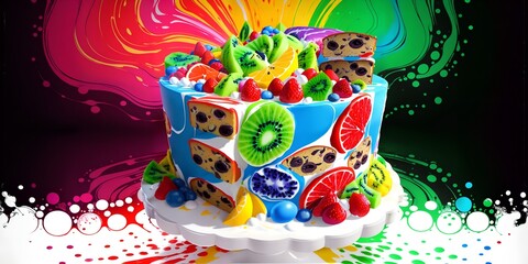 A colorful cake with lots of fruit on top of it