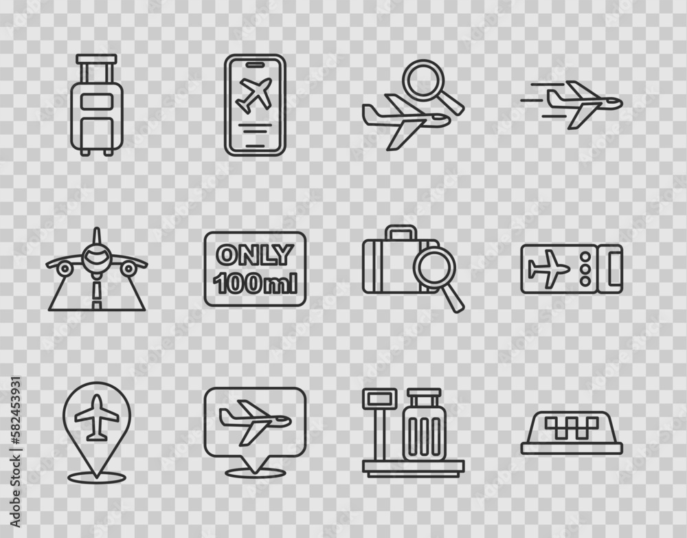 Sticker Set line Plane, Taxi car roof, Airplane search, Suitcase, Liquids in carry-on baggage, Scale with suitcase and Airline ticket icon. Vector