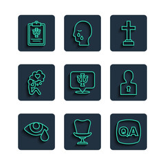 Set line Tear cry eye, Armchair, Question and Answer, Graves funeral sorrow, Psychology, Psi, Head with heart, and Solution to the problem icon. Vector