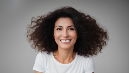 Happy confident mature woman with natural skin, healthy dark hair and white teeth. Grey background with copy space. Generative AI
