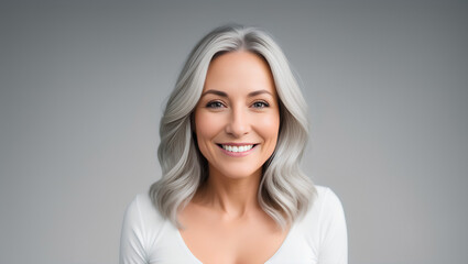 White caucasian mature woman portrait with silver middle wavy hair hairstyle on empty grey background. Copy space for product placement. Generative AI