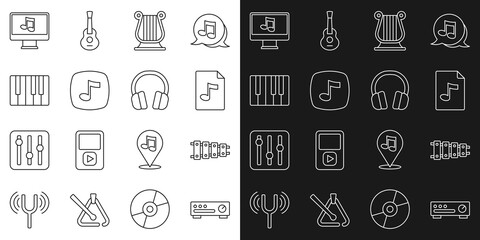 Set line Sound mixer controller, Xylophone, MP3 file document, Ancient Greek lyre, Music note, tone, synthesizer, Computer with music and Headphones icon. Vector