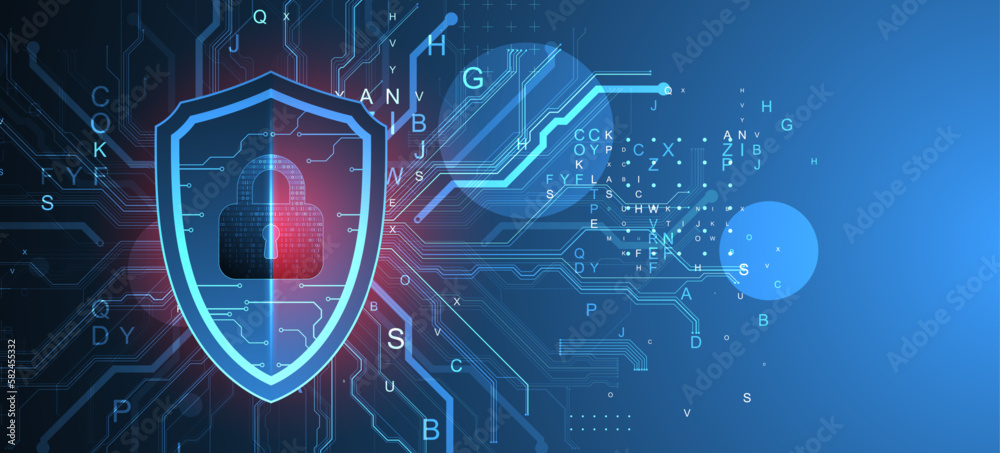Poster Technological abstract background on the topic of information protection and computer security. .