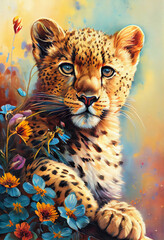 A charming portrait of a Leopard with a dynamic pose is depicted in this stunning oil painting. The Leopard animal is set against a backdrop of delicate florals. Generative AI.