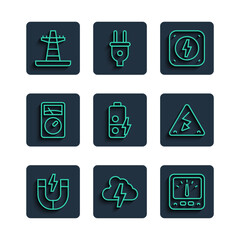 Set line Magnet, Cloud and lightning, Ampere meter, multimeter, Lightning bolt, Battery charge, Electric tower line and High voltage icon. Vector