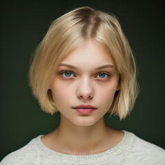 Beautifull blonde teenager model with a short style bobline and a friendly look, standing in a photostudio before a dark green background. generative ai 