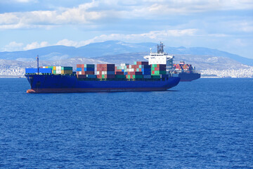 Logistics and transportation of International Container Cargo ship in the sea, Athens in Greece, Freight Transportation, Shipping