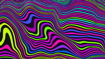 Trippy strip psychedelic pattern. Neon color wavy background