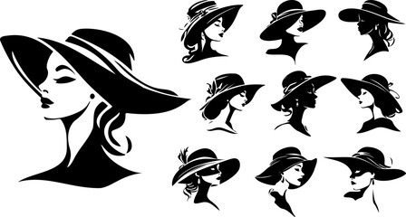 Vector set of silhouettes of women in a hat.