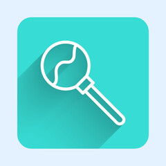 White line Lollipop icon isolated with long shadow. Food, delicious symbol. Happy Halloween party. Green square button. Vector