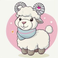 painting of a cute lamb in a scarf with heart , great sticker,  ai generated