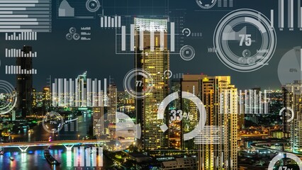 Business data analytic interface fly over smart city showing alteration future of business intelligence. Computer software and artificial intelligence are used to analyze big data for strategic plan .