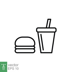 Hamburger and soft drink cup icon. Simple outline style. Fast food, burger, restaurant concept. Thin line symbol. Vector illustration isolated on white background. EPS 10.