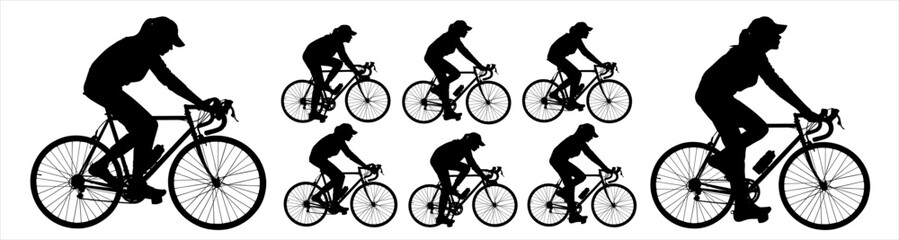 Big set of female cyclists silhouettes. Girl in a hat riding a bicycle. A woman in a cap rides a bicycle. A group of cyclists. Sport. Competitions. Cycling. Side view. Black color silhouette isolated