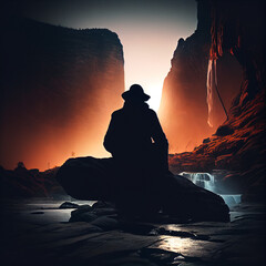 Fototapeta na wymiar silhouette of a person sitting on a rock in the beach at sunrise, generative ai