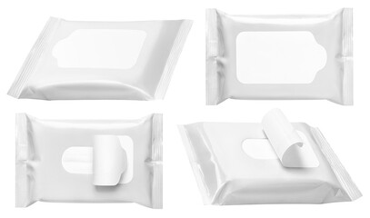 Collection of white wet wipes flow packs cut out