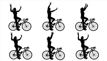 Obraz premium Big set of silhouettes of women cyclists. Girl on a bike. A woman rides a bike and shows a 