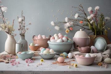 A spring scene filled with pastel colors eggs ceramics. generative ai