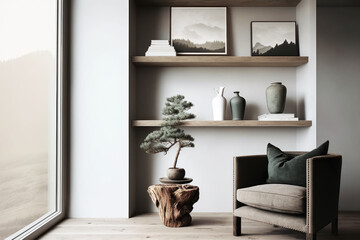 Modern minimalistic japandi living room interior in beige and olive tones. Trendy wooden shelves in a niche in the wall. armchair, coffee table. Photorealistic illustration generated by AI.