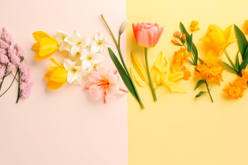 Beautiful Spring banner with fresh colorful flowers. generative ai