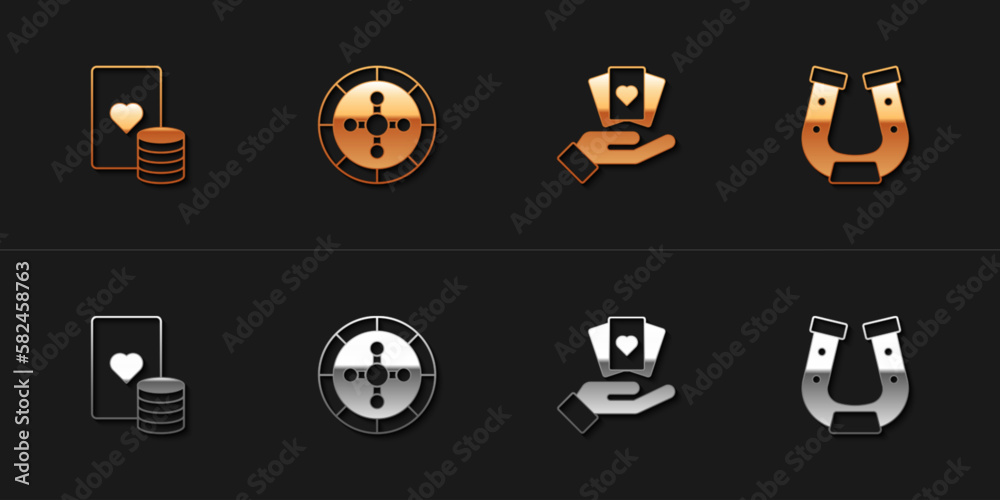 Canvas Prints set casino chip and playing cards, roulette wheel, hand holding and horseshoe icon. vector