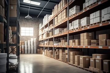 Obraz premium A large clean warehouse with shelfs, carboard boxes and products, Generative Ai