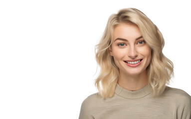 Naklejka premium Attractive woman with short fair hair being very glad smiling with broad smile showing her perfect teeth having fun indoors, copy space, Created using generative AI tools.